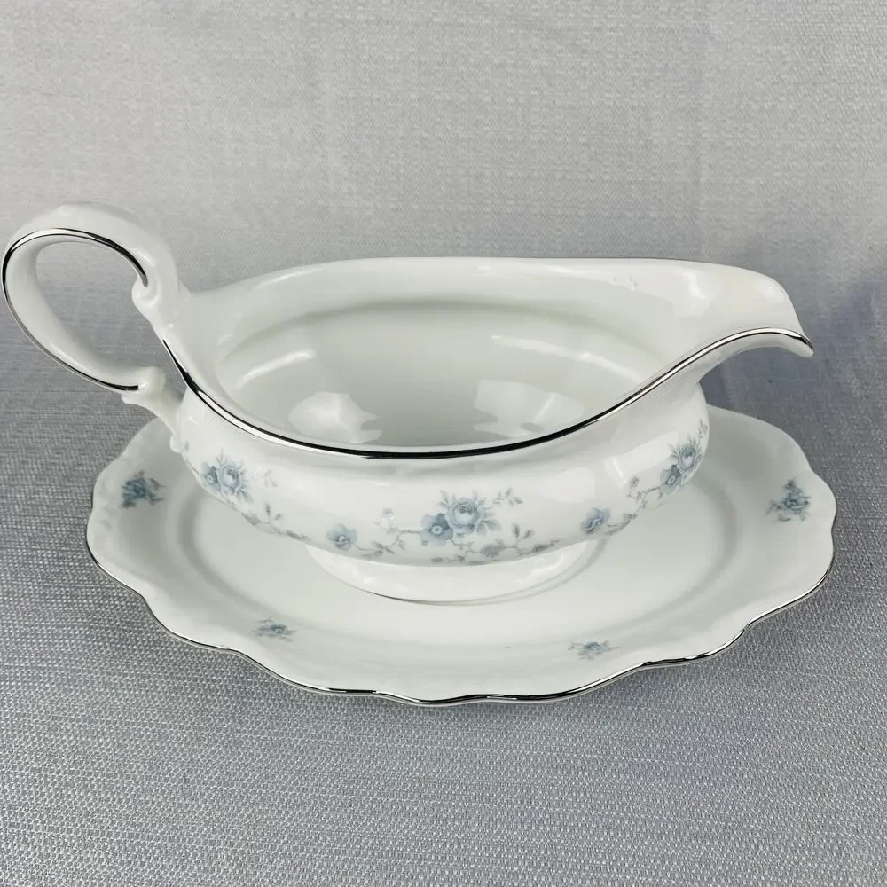 Johann Haviland Gravy Boat and Tray Blue Garland Pattern Bavaria Germany